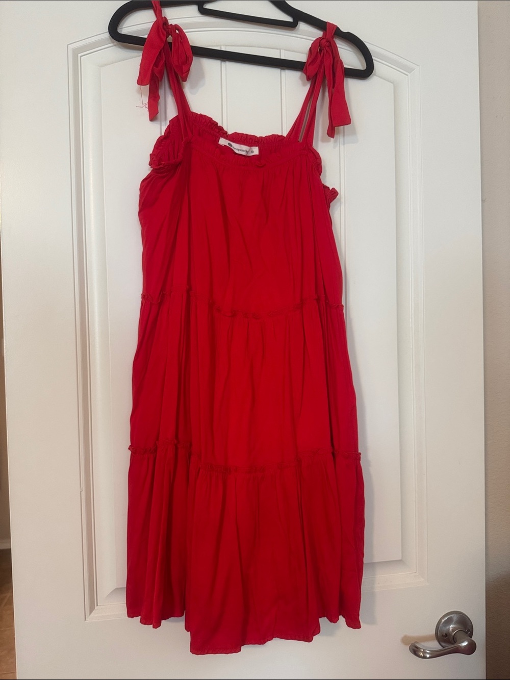 The Impeccable Pig Red Tie-Shoulder Tiered Mini Dress